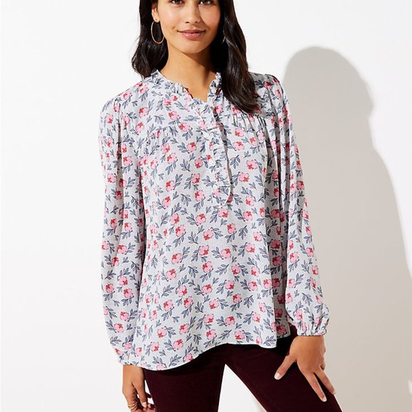 LOFT Tops - LOFT | Floral Ruffled Henley Mixed Media Blouse